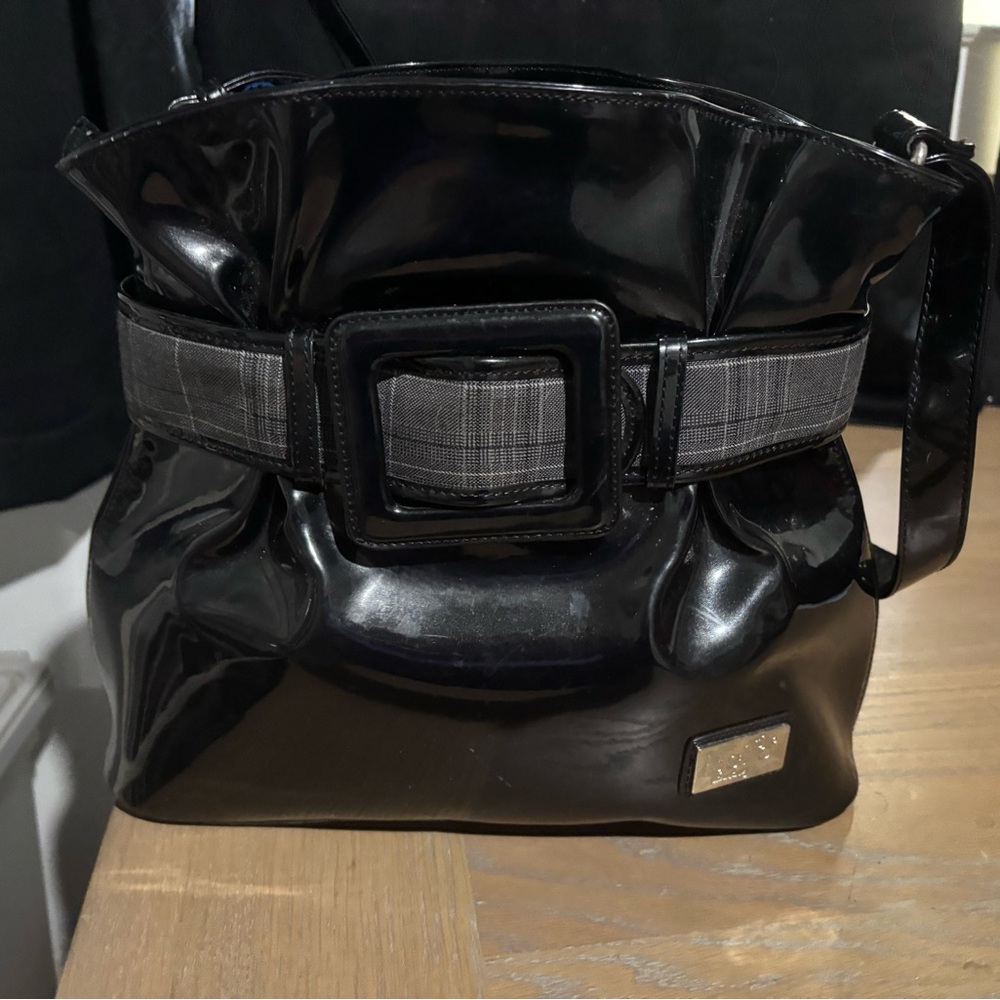 Black Patent Leather Handbag with Plaid Accent